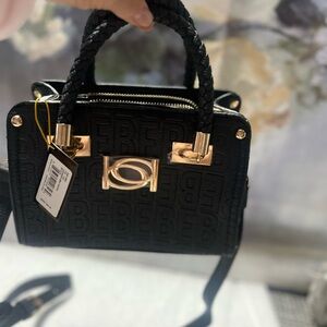 bebe Black Quilted Logo Satchel with Gold-Tone Hardware